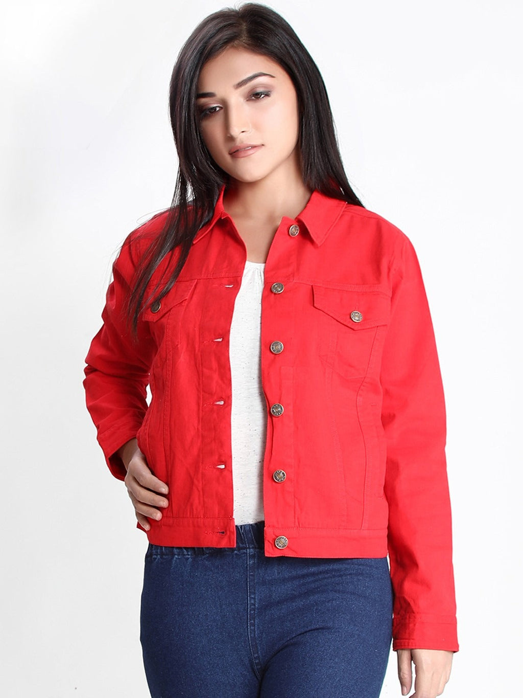Women Red Lightweight Denim Jacket – Breathable, Stylish Outerwear by HB INDUSTRIES Pakistan