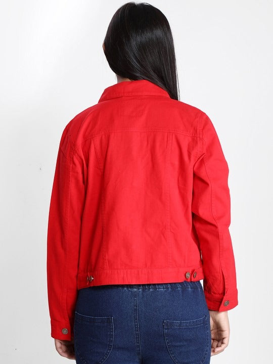 Women Red Lightweight Denim Jacket – Breathable, Stylish Outerwear by HB INDUSTRIES Pakistan
