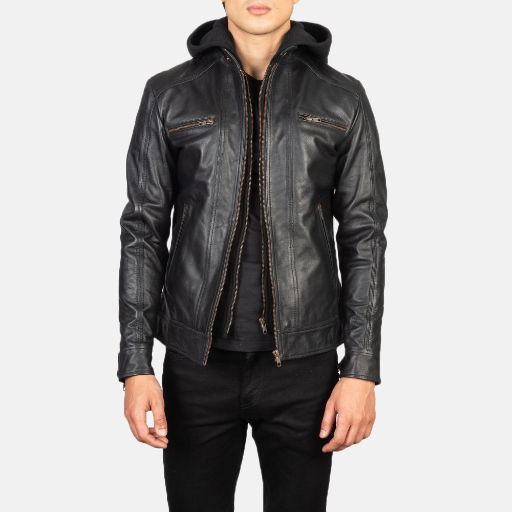 Black Hooded Cowhide Leather Biker Jacket