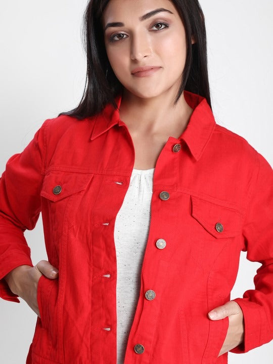 Women Red Lightweight Denim Jacket – Breathable, Stylish Outerwear by HB INDUSTRIES Pakistan