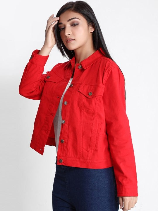 Women Red Lightweight Denim Jacket – Breathable, Stylish Outerwear by HB INDUSTRIES Pakistan