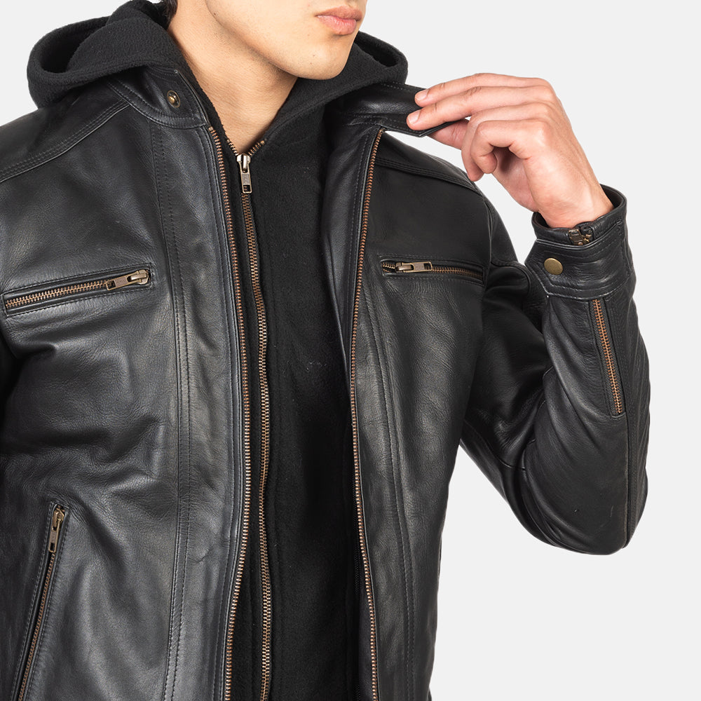 Black Hooded Cowhide Leather Biker Jacket