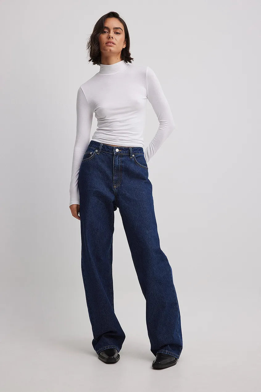 Mid Waist Loose Long Jeans in Dark Blue - Comfortable & Stylish Denim