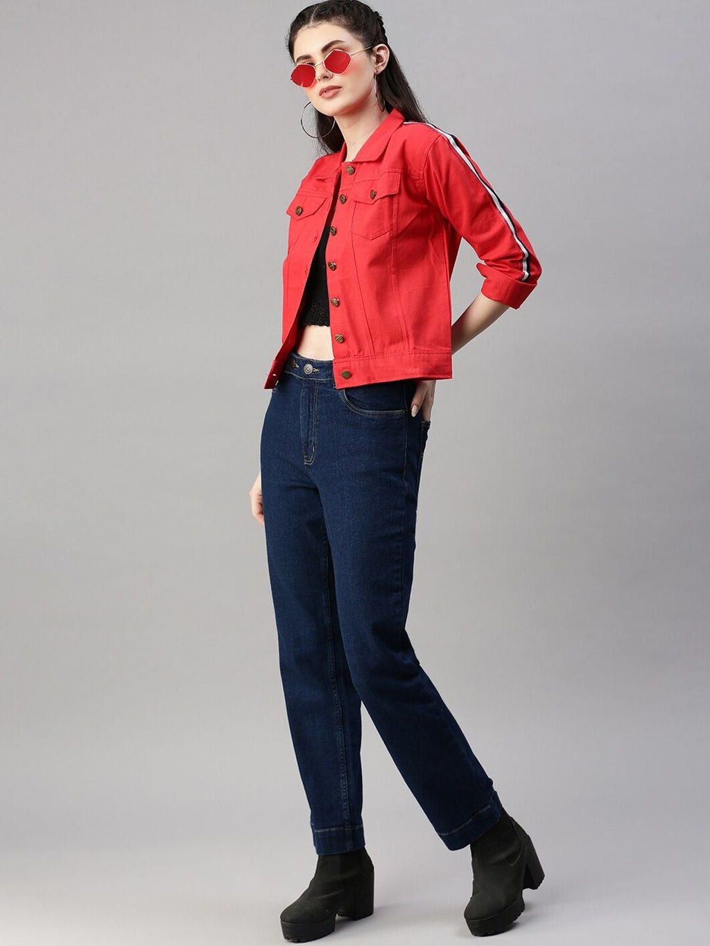 Spread Collar Red Crop Denim Jacket for Women – Stylish Casual Outerwear by HB INDUSTRIES Pakistan