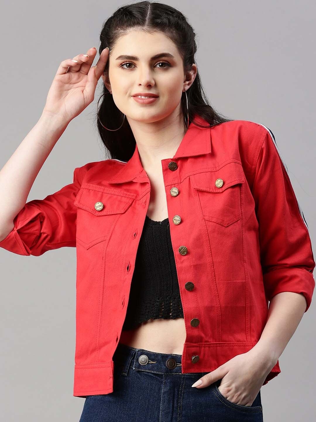 Spread Collar Red Crop Denim Jacket for Women – Stylish Casual Outerwear by HB INDUSTRIES Pakistan