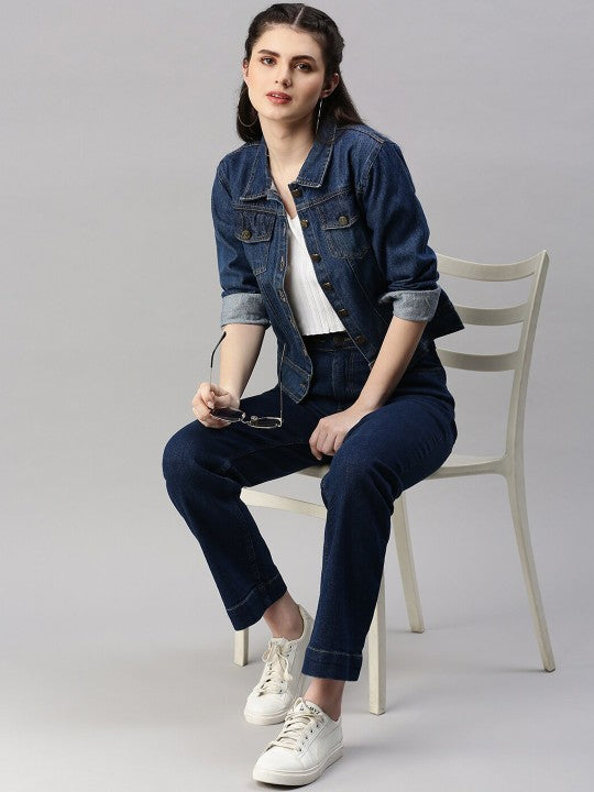 Women Dark Blue Washed Denim Jacket