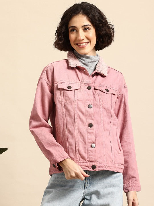 Twill Faux Fur Trim Pure Cotton Denim Jacket for Women – Warm Winter Outerwear | HB INDUSTRIES Pakistan
