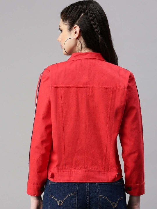 Spread Collar Red Crop Denim Jacket for Women – Stylish Casual Outerwear by HB INDUSTRIES Pakistan
