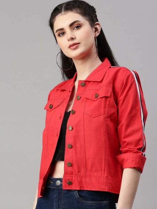 Spread Collar Red Crop Denim Jacket for Women – Stylish Casual Outerwear by HB INDUSTRIES Pakistan