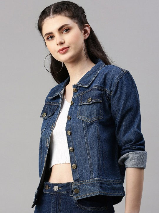 Women Dark Blue Washed Denim Jacket
