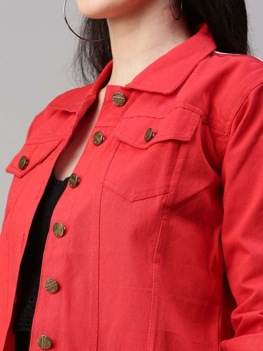 Spread Collar Red Crop Denim Jacket for Women – Stylish Casual Outerwear by HB INDUSTRIES Pakistan