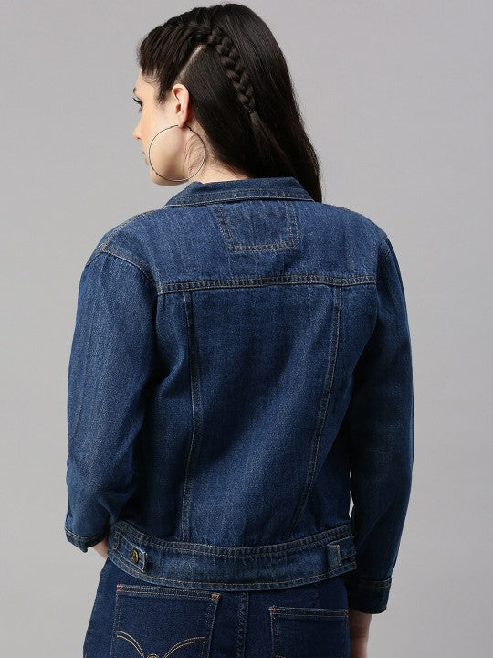 Long dark blue denim jacket best sale