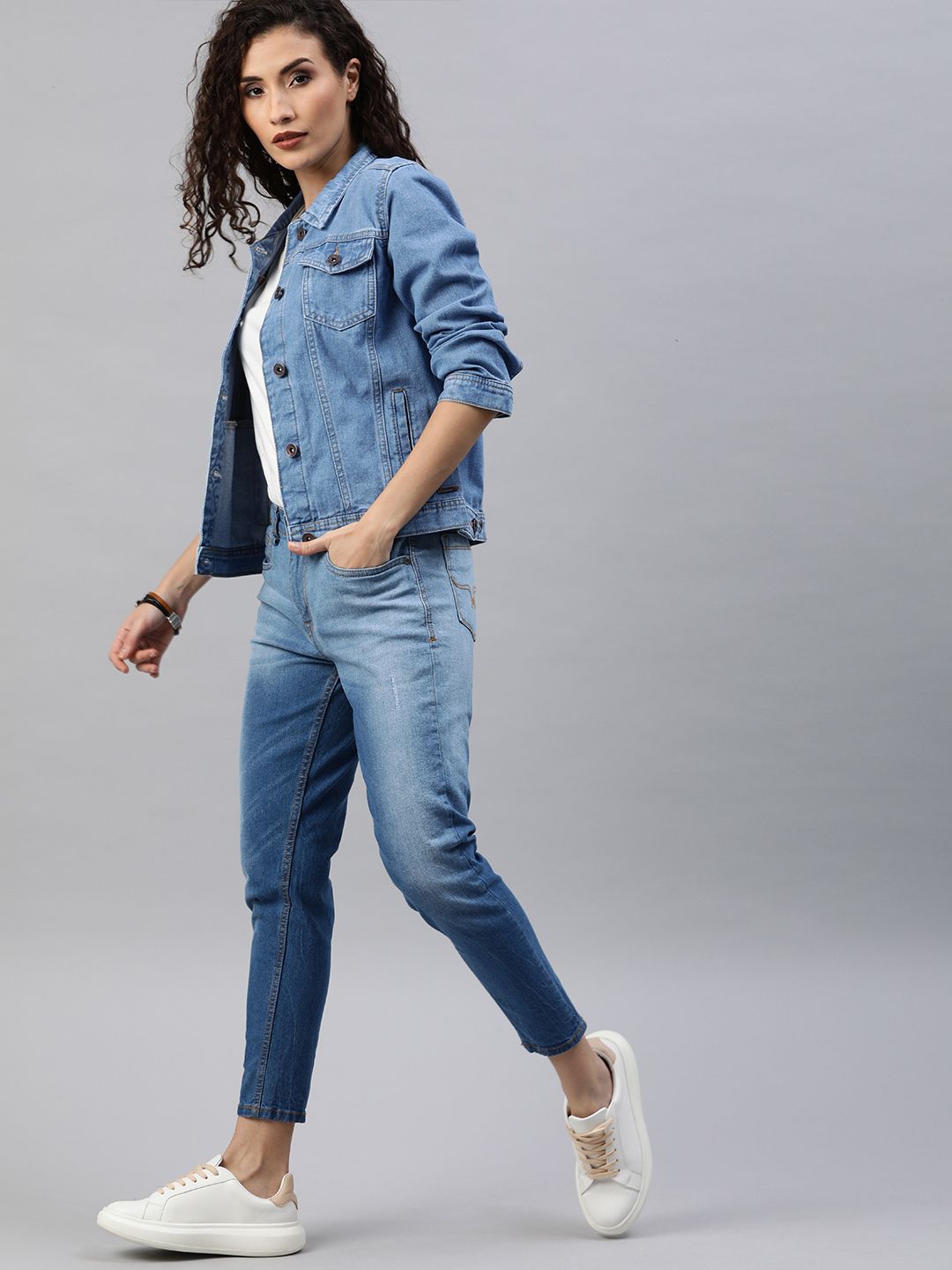 Women Blue Washed Denim Jacket