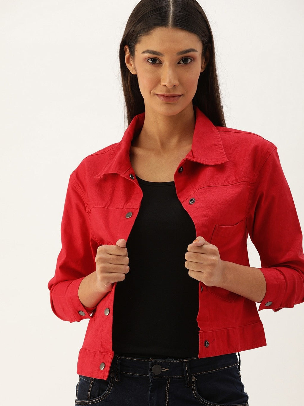 Women Red Solid Denim Jacket by HB INDUSTRIES – Bold Street Style for Pakistani Fashion