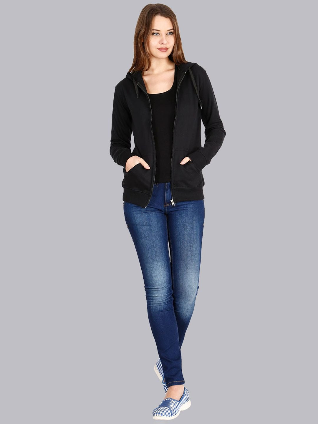 Women Black Hooded Cotton Front-Open Zipper Jacket – Breathable Cotton Zip Hoodie for Pakistan | HB INDUSTRIES