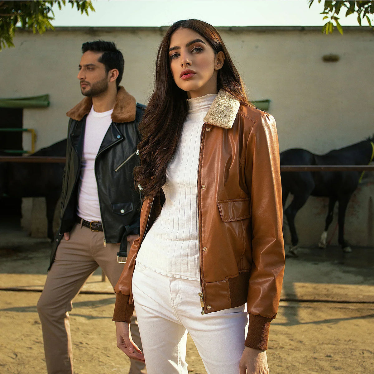 Fur Collar Bomber Women Leather Jacket