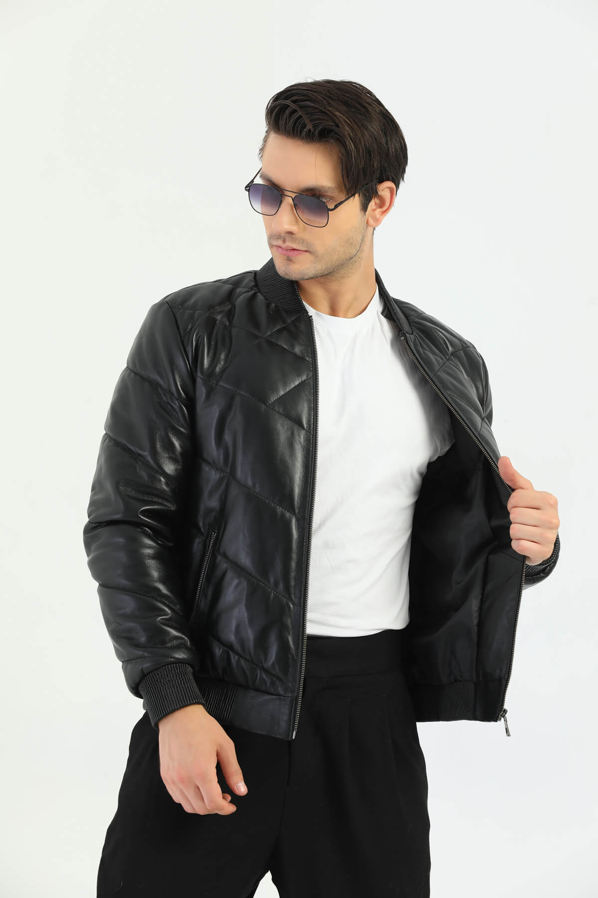 HB INDUSTRIES Taranto Black Leather Bomber Jacket