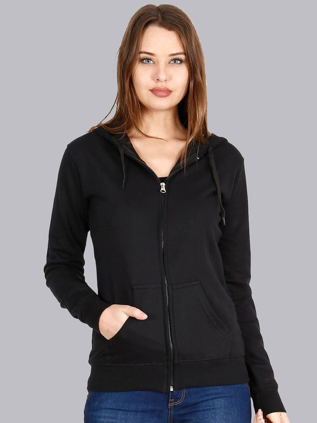 Women Black Hooded Cotton Front-Open Zipper Jacket – Breathable Cotton Zip Hoodie for Pakistan | HB INDUSTRIES