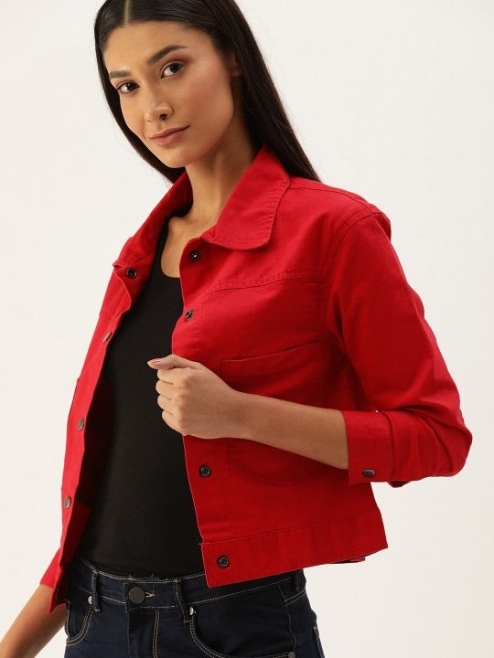 Women Red Solid Denim Jacket by HB INDUSTRIES – Bold Street Style for Pakistani Fashion