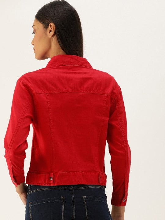 Women Red Solid Denim Jacket by HB INDUSTRIES – Bold Street Style for Pakistani Fashion