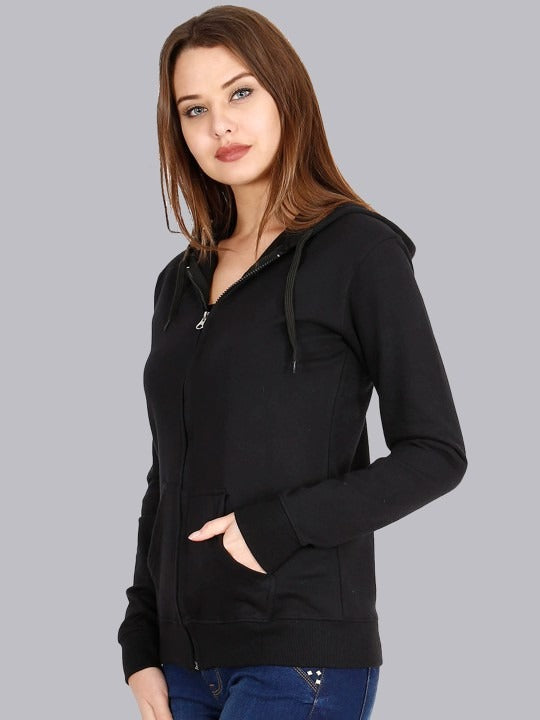 Women Black Hooded Cotton Front-Open Zipper Jacket – Breathable Cotton Zip Hoodie for Pakistan | HB INDUSTRIES