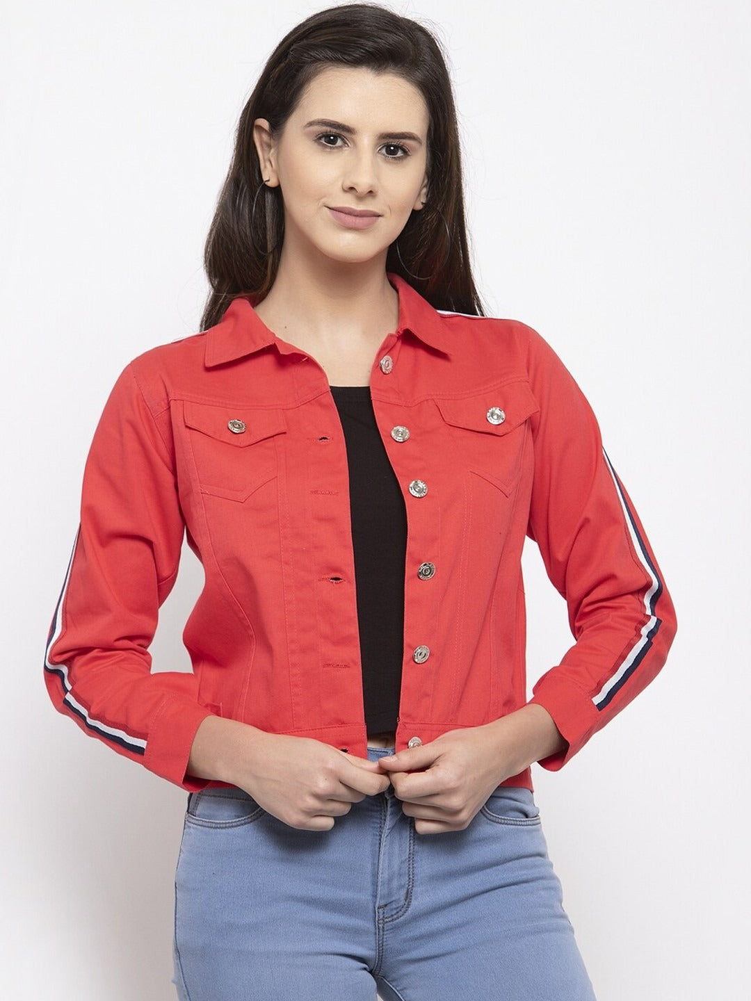 Women Red Crop Denim Jacket by HB INDUSTRIES – Stylish Cotton Outerwear for Pakistani Fashion