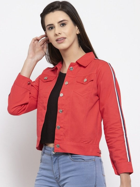 Women Red Crop Denim Jacket by HB INDUSTRIES – Stylish Cotton Outerwear for Pakistani Fashion