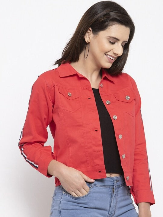 Women Red Crop Denim Jacket by HB INDUSTRIES – Stylish Cotton Outerwear for Pakistani Fashion