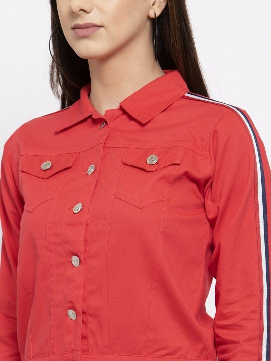 Women Red Crop Denim Jacket by HB INDUSTRIES – Stylish Cotton Outerwear for Pakistani Fashion