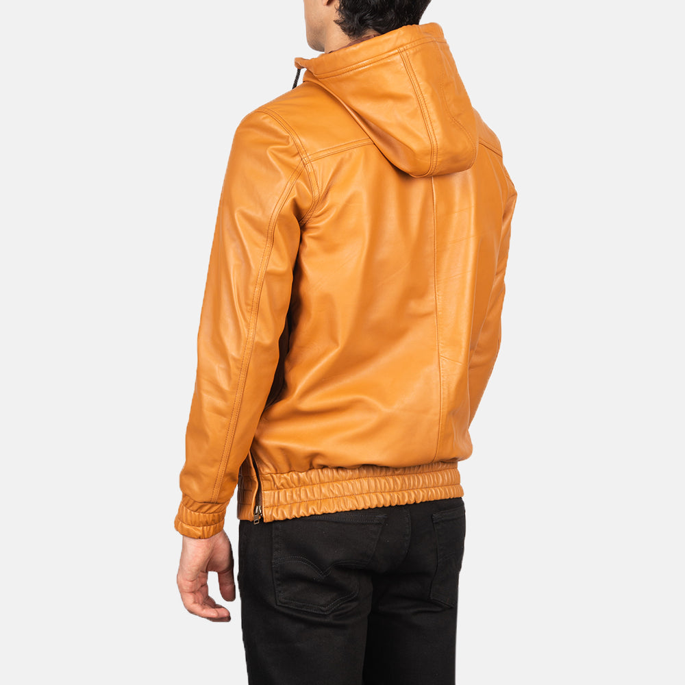 Men's Hooded Brown Leather Pullover Jacket