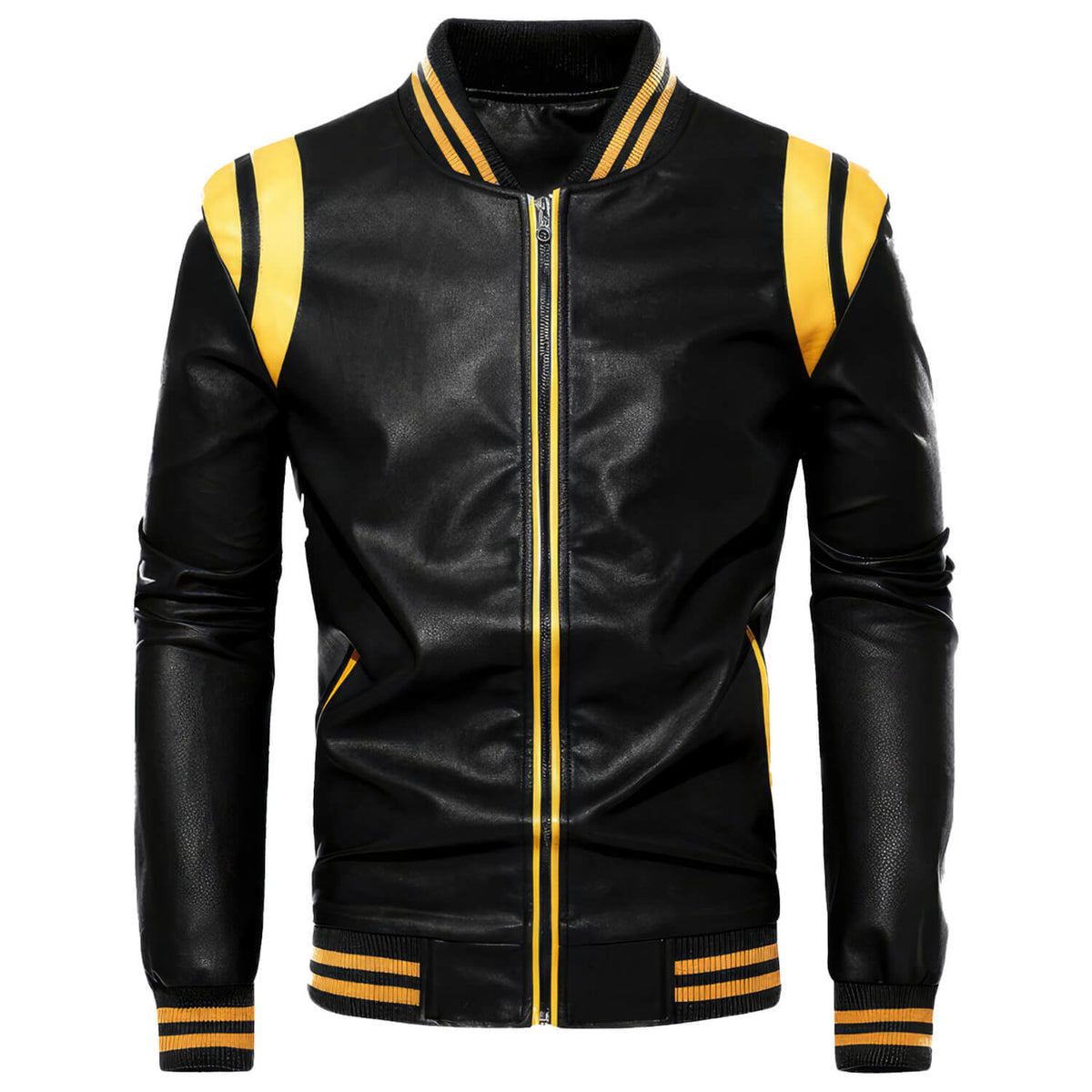 Men's Black Biker Genuine Sheepskin Sporty Slim Fit Yellow Stripes Rib Knit Bomber Motorcycle Rider Leather Jacket - Front View - Docacca