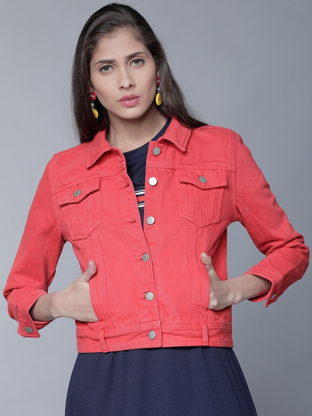 Women Red Solid Denim Jacket by HB INDUSTRIES – Lightweight Cotton Outerwear for Pakistani Style