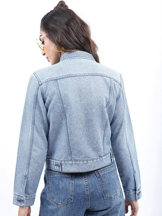Washed Spread Collar Crop Denim Jacket – Breathable Crop Trucker for Pakistan | DOCACCA
