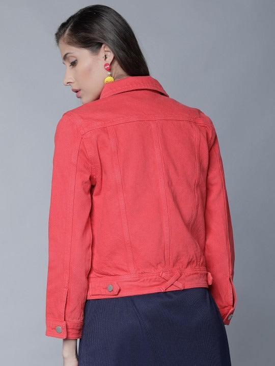 Women Red Solid Denim Jacket by HB INDUSTRIES – Lightweight Cotton Outerwear for Pakistani Style