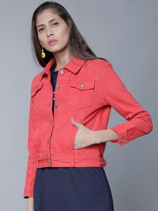 Women Red Solid Denim Jacket by HB INDUSTRIES – Lightweight Cotton Outerwear for Pakistani Style