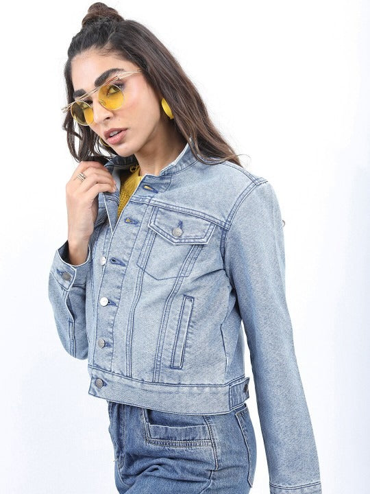 Washed Spread Collar Crop Denim Jacket – Breathable Crop Trucker for Pakistan | DOCACCA