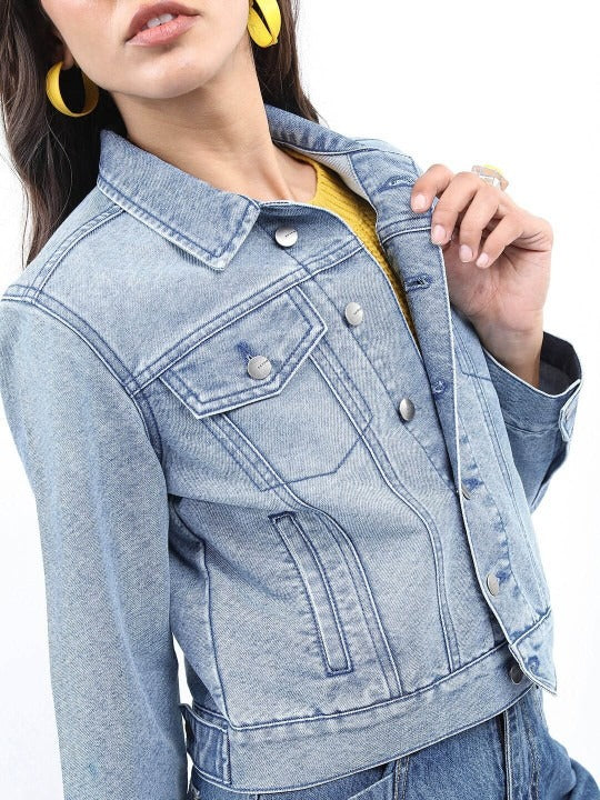 Washed Spread Collar Crop Denim Jacket – Breathable Crop Trucker for Pakistan | DOCACCA
