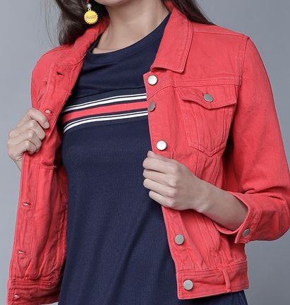 Women Red Solid Denim Jacket by HB INDUSTRIES – Lightweight Cotton Outerwear for Pakistani Style