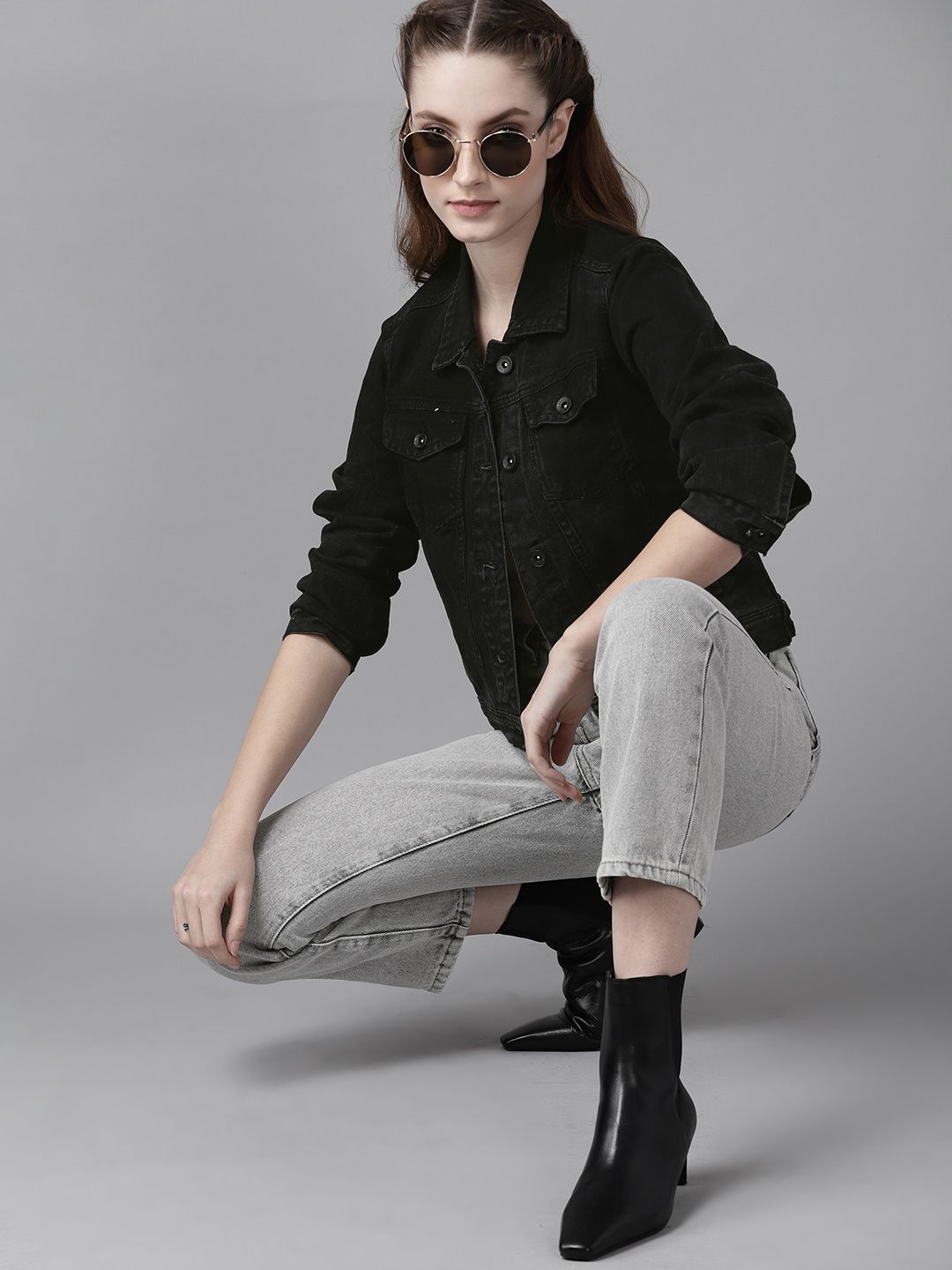 Women Black Solid Denim Jacket