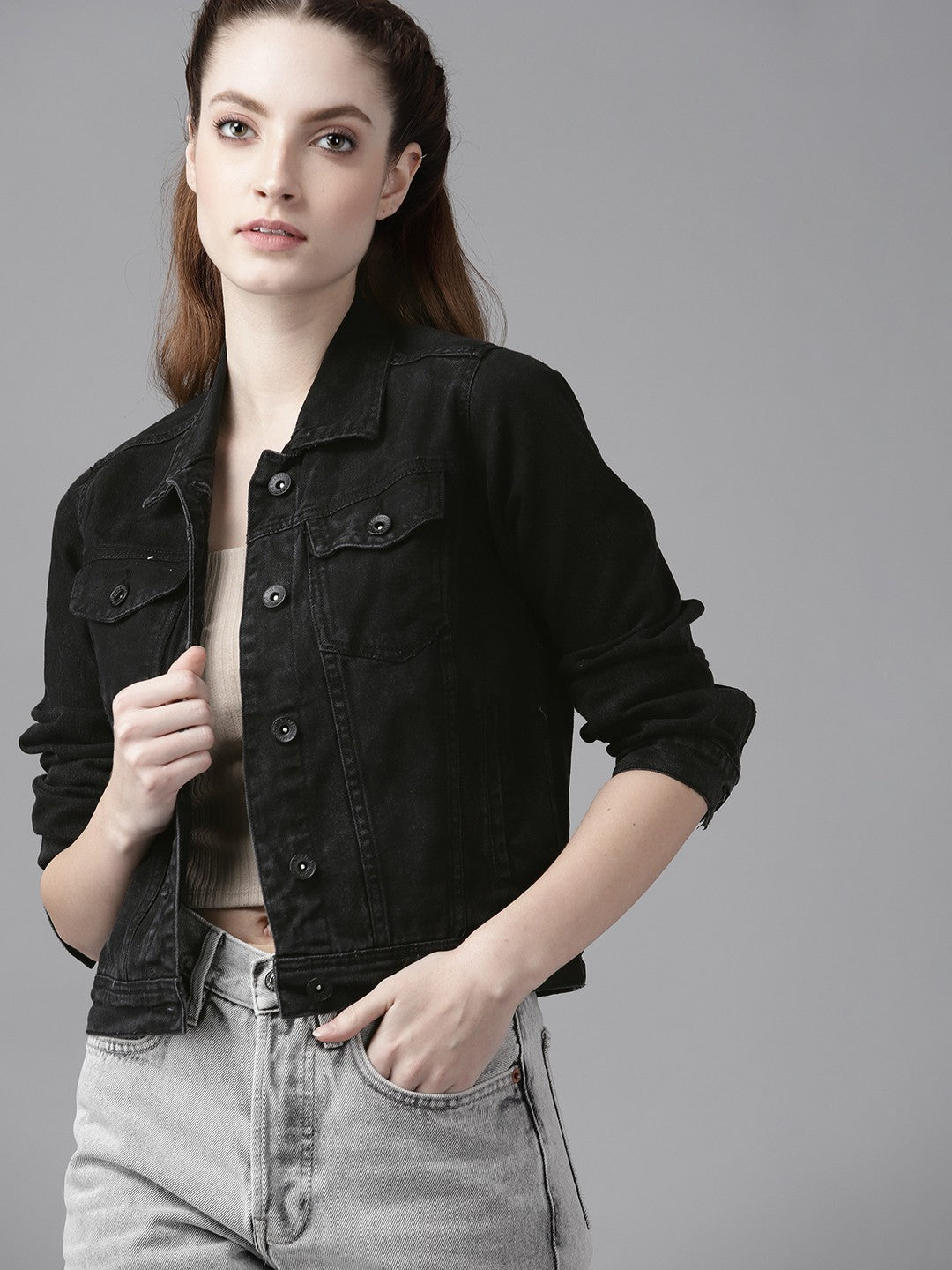 Stylish Women s Black Solid Denim Jacket Trendy Durable Shop in Pakistan HB INDUSTRIES