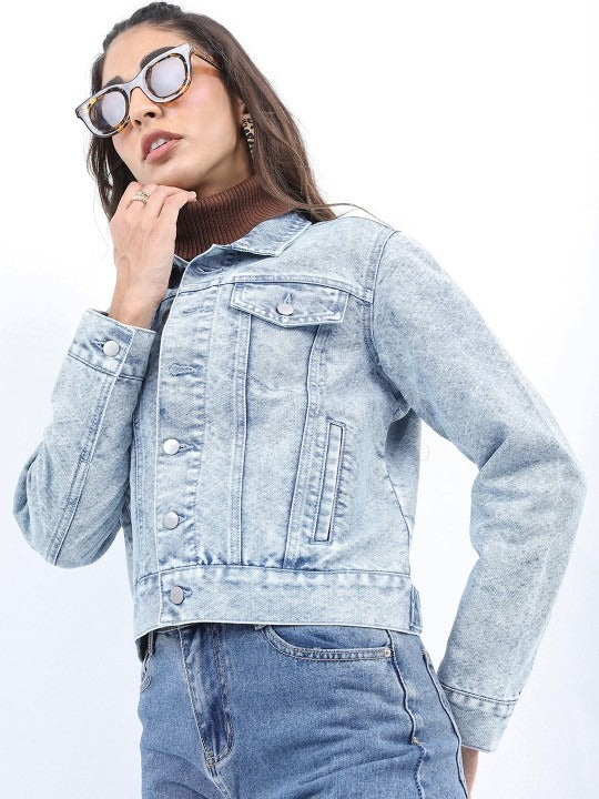 Washed Spread Collar Crop Denim Jacket – Vintage Wash Breathable Crop Trucker for Pakistan | DOCACCA