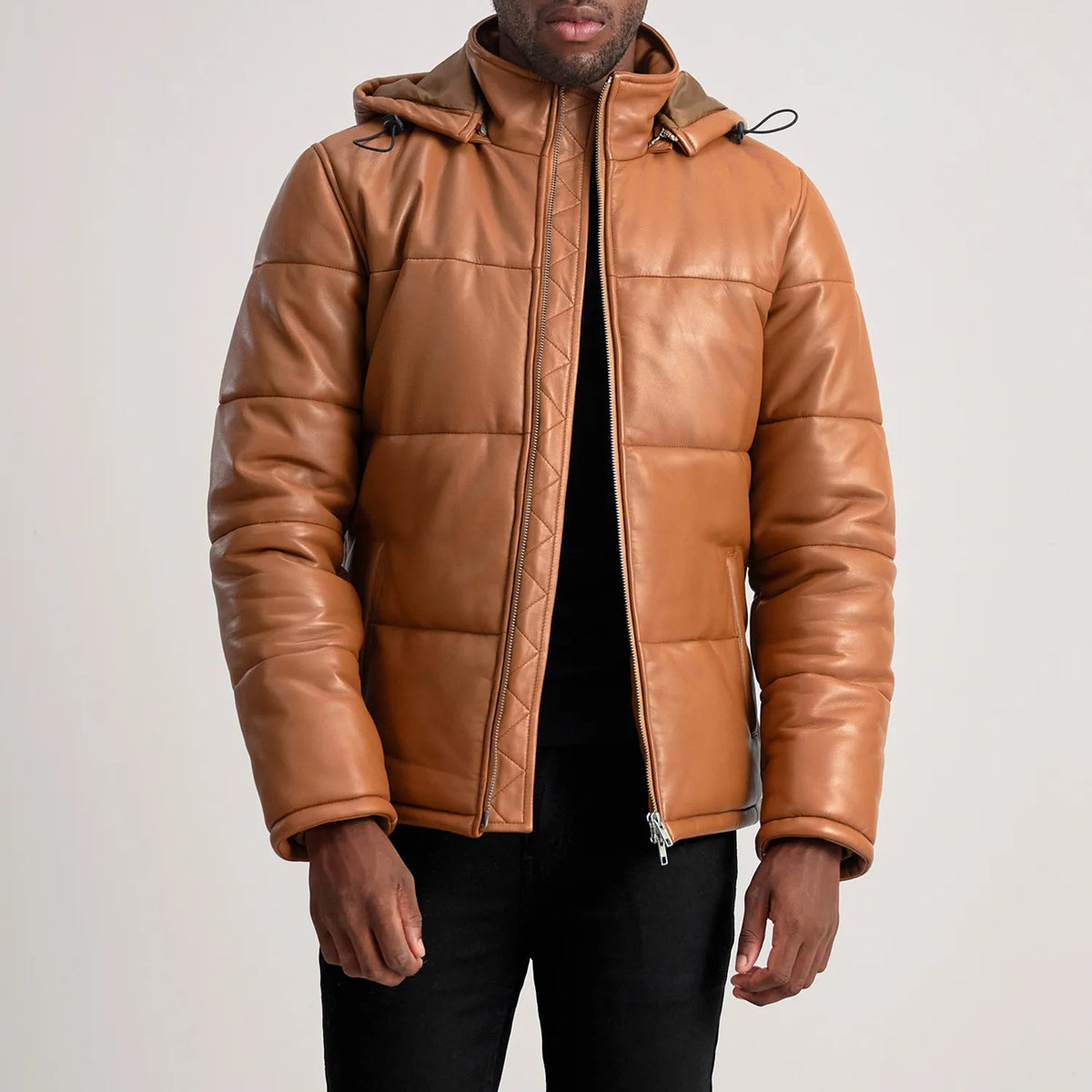 HB INDUSTRIES Tan Hooded Sheep Leather Puffer Jacket