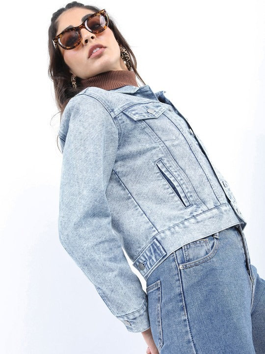 Washed Spread Collar Crop Denim Jacket – Vintage Wash Breathable Crop Trucker for Pakistan | DOCACCA