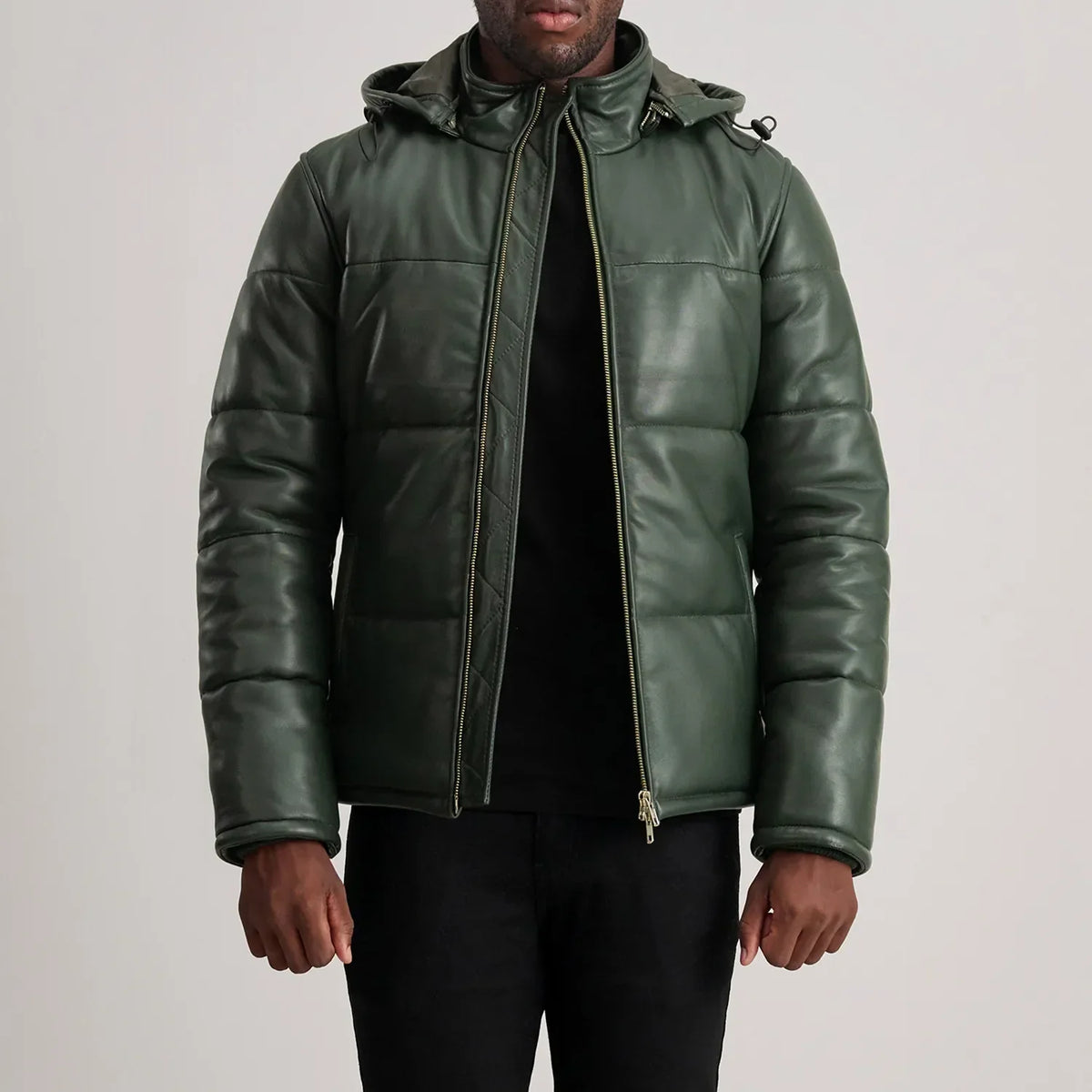 HB INDUSTRIES Green Hooded Leather Puffer Jacket