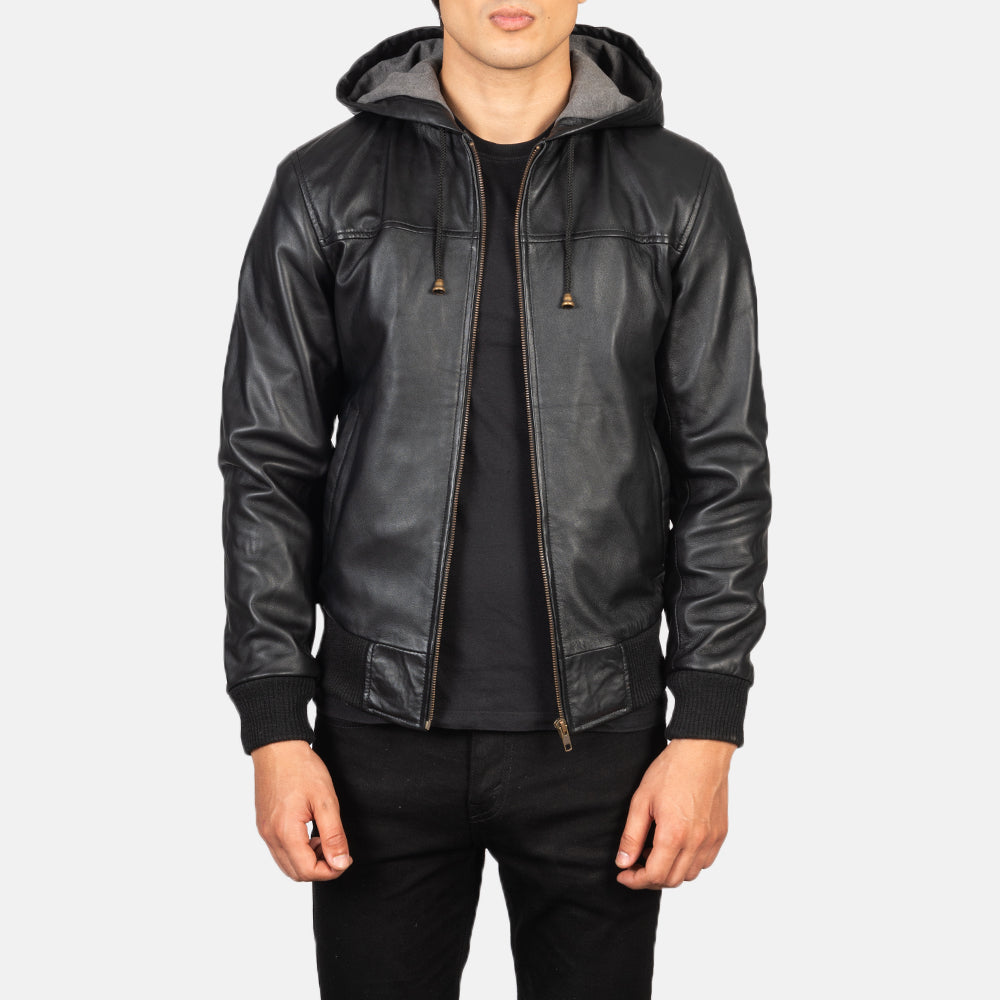 HB INDUSTRIES Black Hooded Leather Bomber Jacket