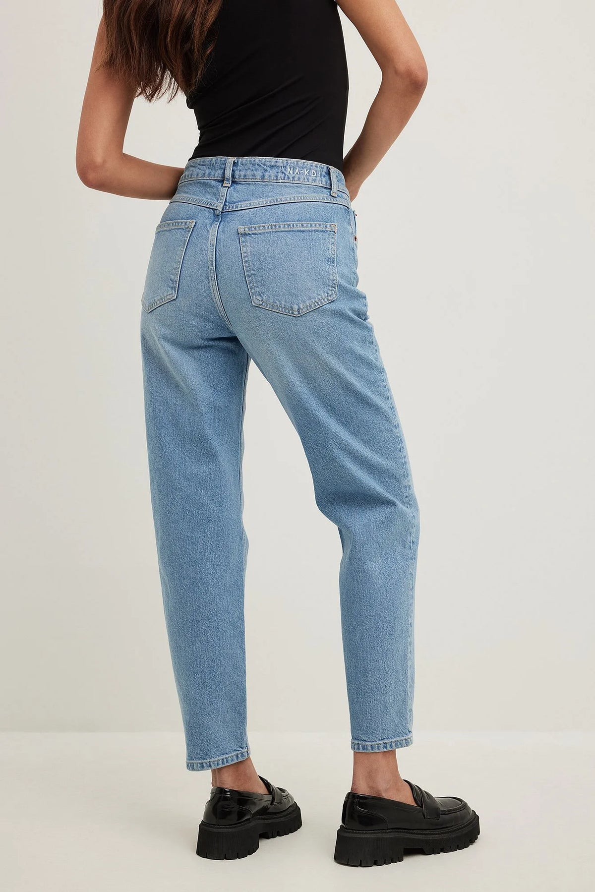 Back View of Light Blue Mom High Waist Jeans