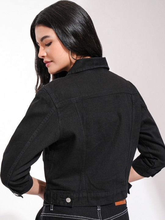 Women Black Solid Denim Jacket for Pakistani Winters & Everyday Style | DOCACCA