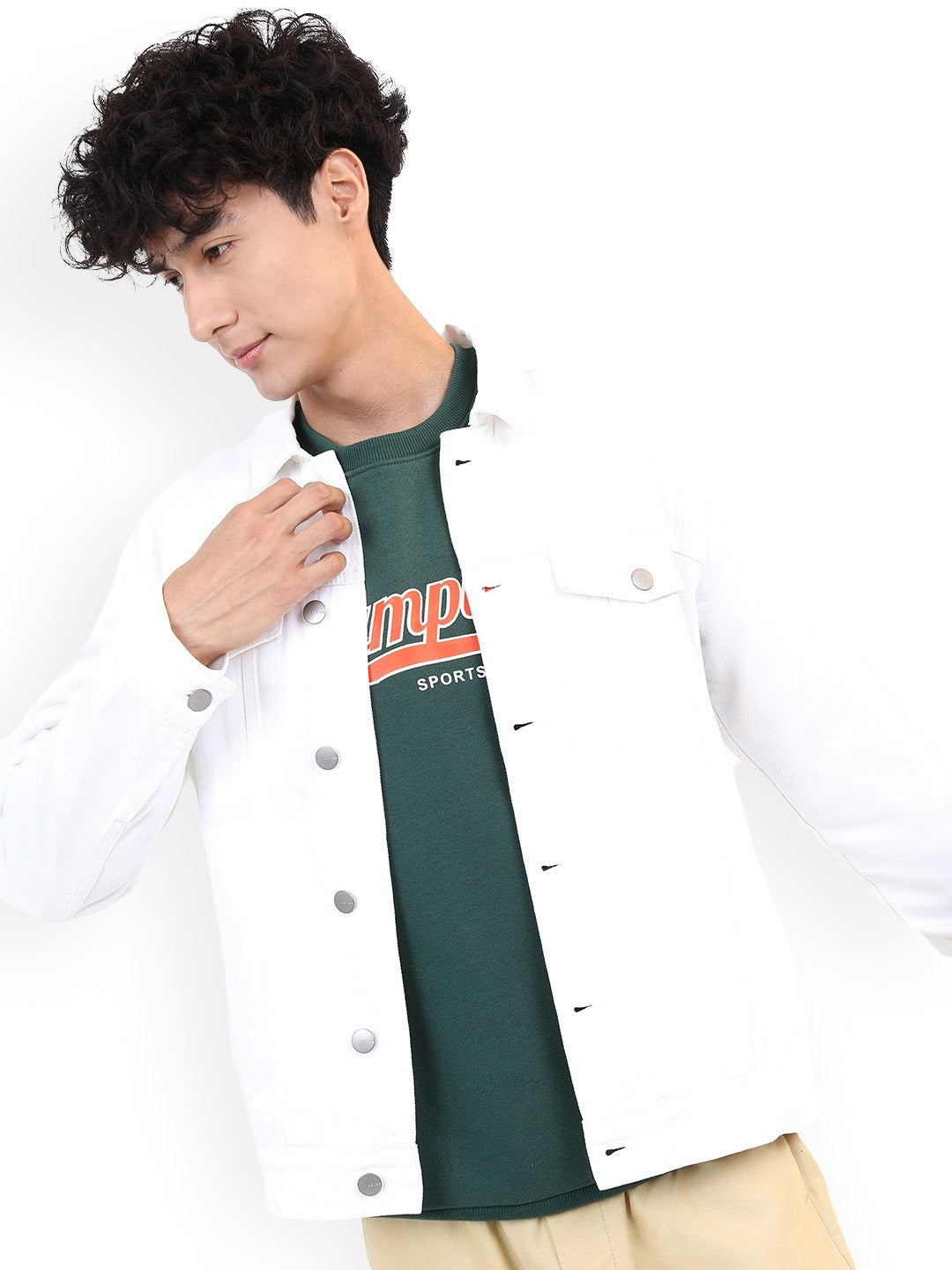 Men White Solid Denim Jacket