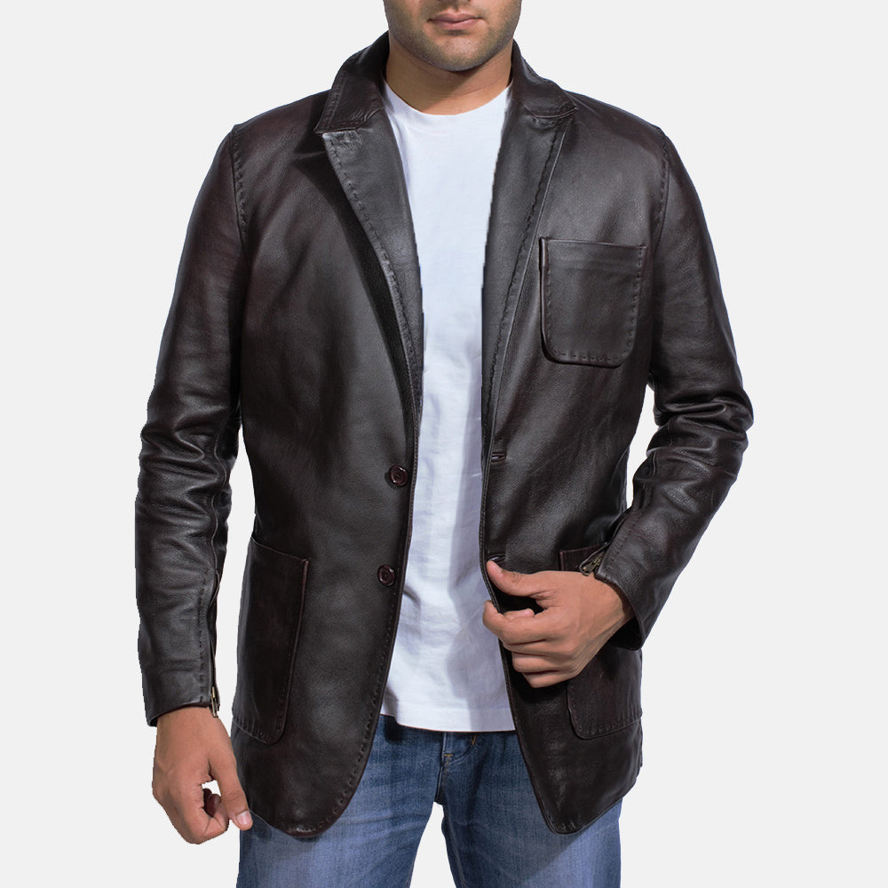 HB INDUSTRIES Wine Black Leather Blazer