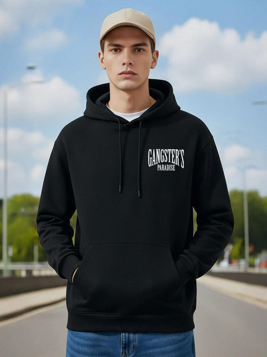 Men Black Cotton Fleece Hooded Pullover Sweatshirt